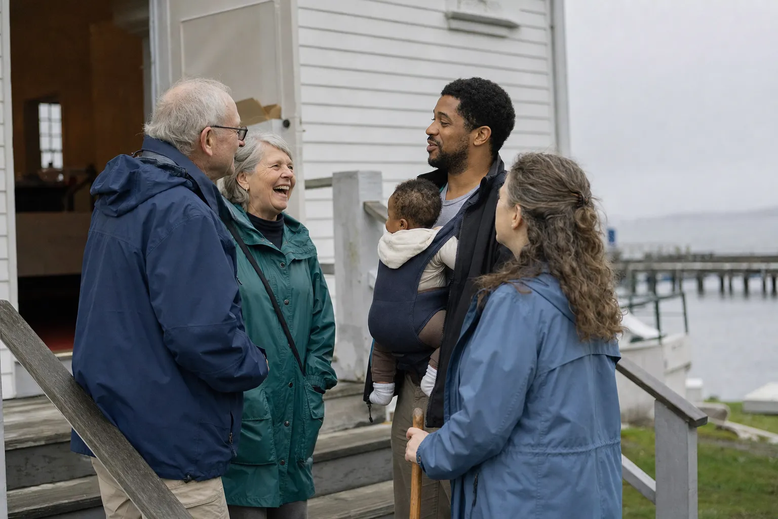 Four people talking and laughing on the wooden steps of a white church, one man carrying a baby, the harbor behind them