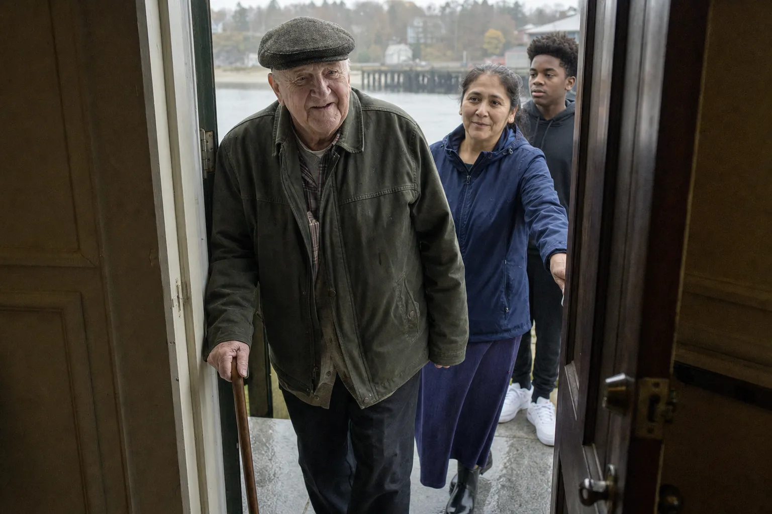 An older man steps in through the open door, a woman and a teenager just behind him, with the harbor beyond