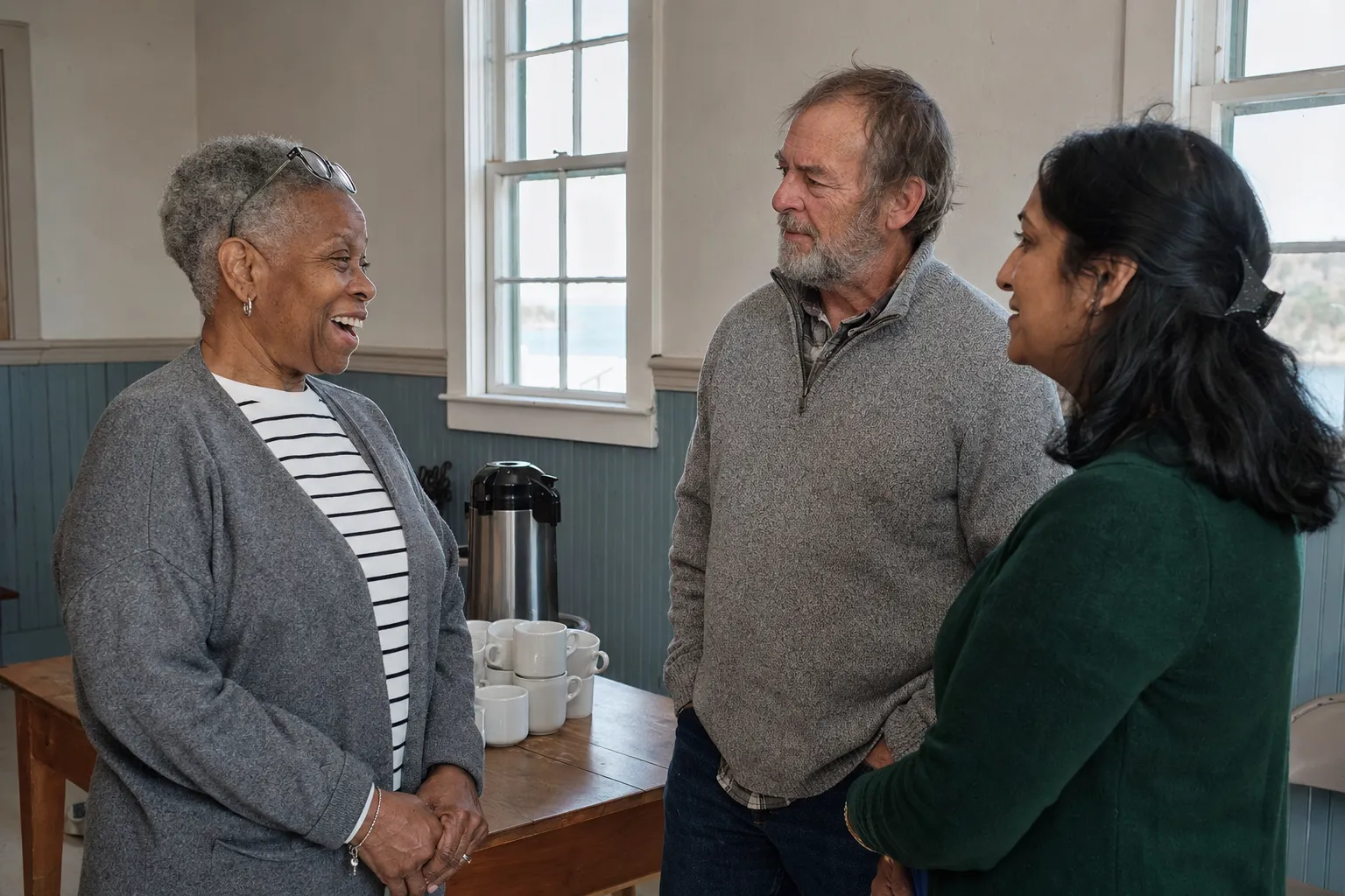 Three people talking and laughing beside a table of coffee cups in a hall with tall windows