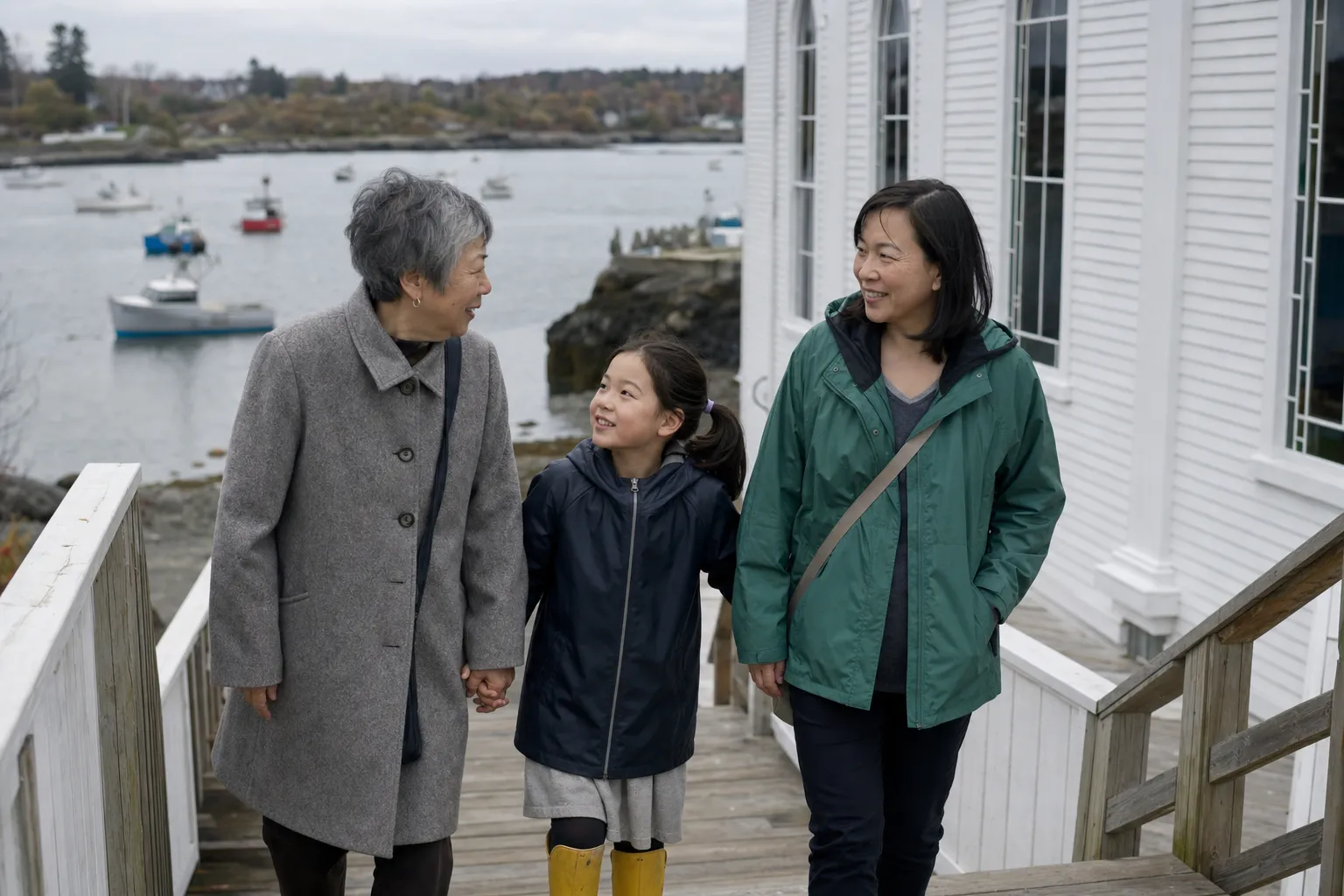 A grandmother, her daughter and a young girl in yellow boots walking beside a white clapboard church above the harbor